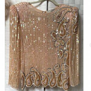 Vintage Fours Seasons Silk Sequin Beaded Shoulder Pad Blouse Size M